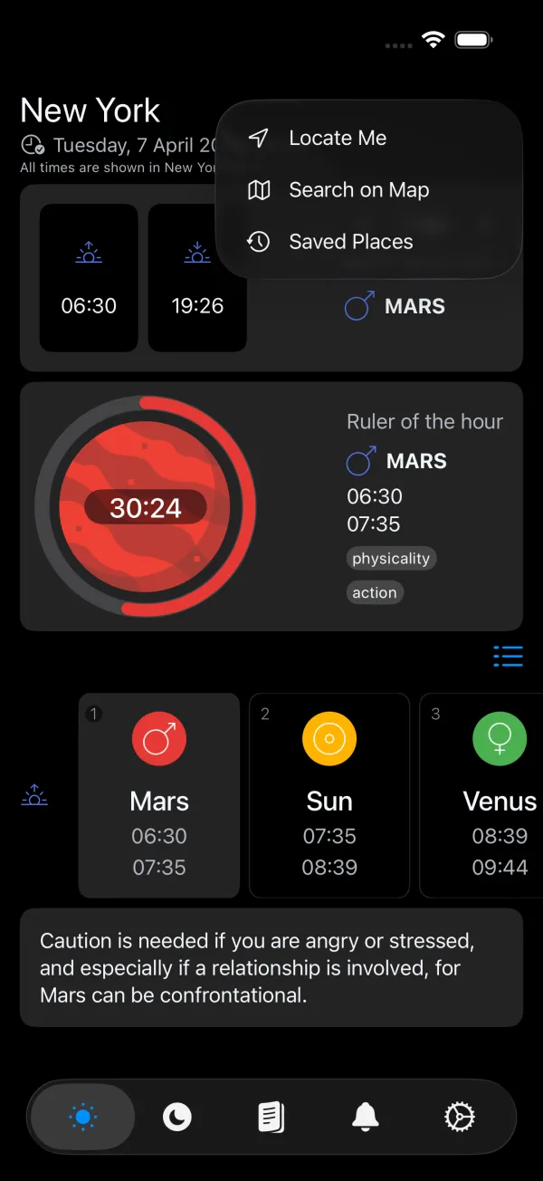 Location menu showing Locate Me, Search on Map, and Saved Places options
