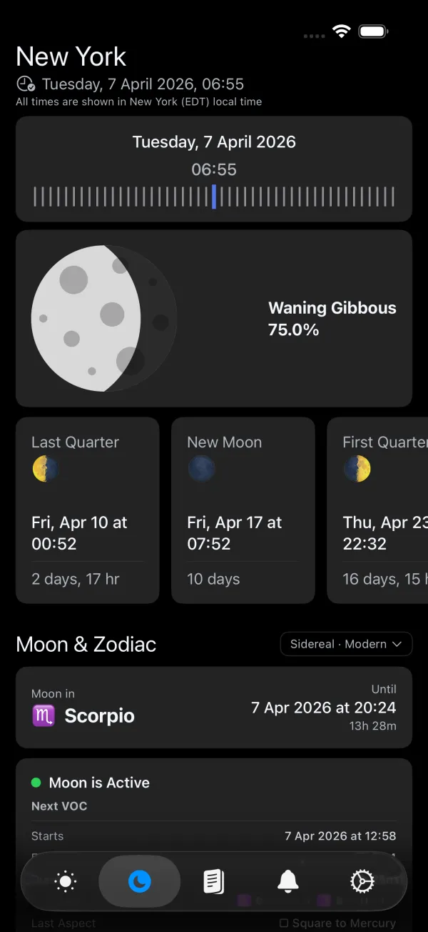 Planetaro Moon screen showing Waning Gibbous phase at 75% illumination, upcoming phase dates, Moon in Scorpio, and VOC status