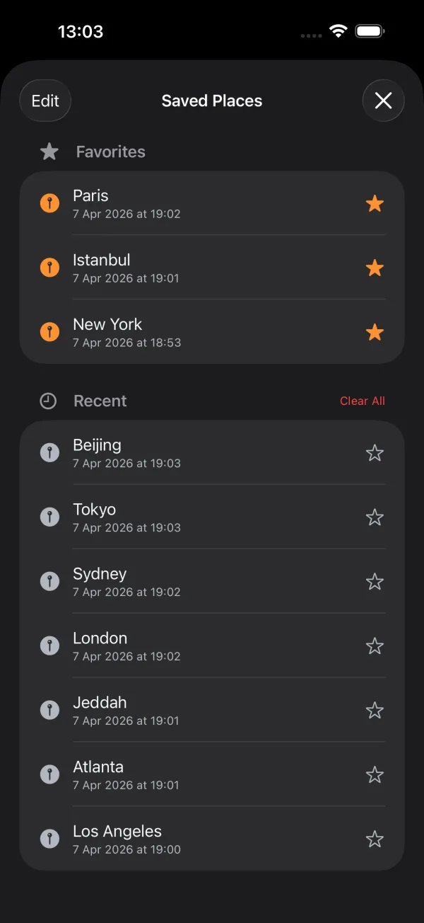 Saved Places screen showing Favorites and Recent locations with star toggles