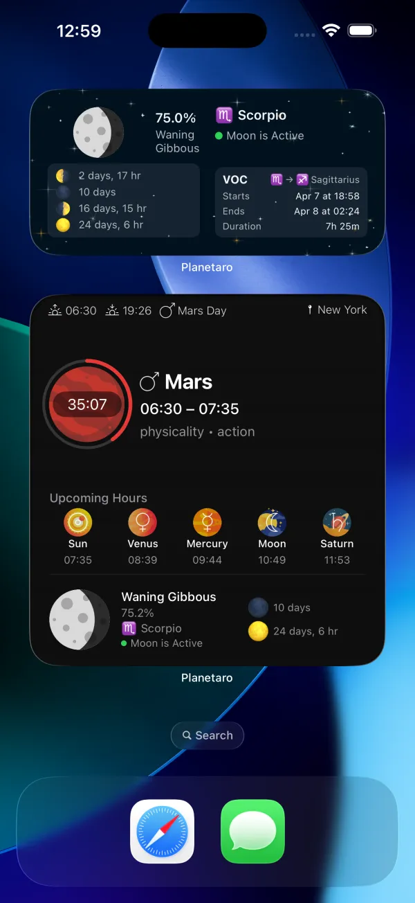 Home screen showing the redesigned Moon widget and Pro planetary hours widget with circular progress timer