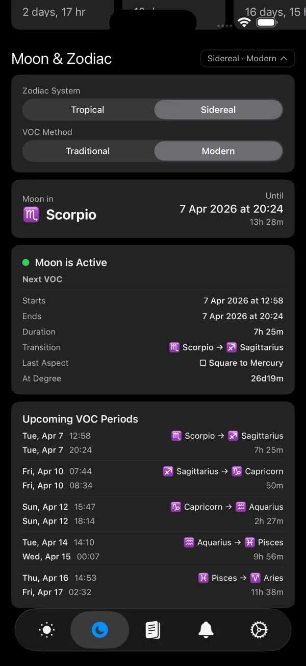Moon & Zodiac section with Zodiac System and VOC Method pickers, Moon sign card, VOC details, and upcoming VOC periods