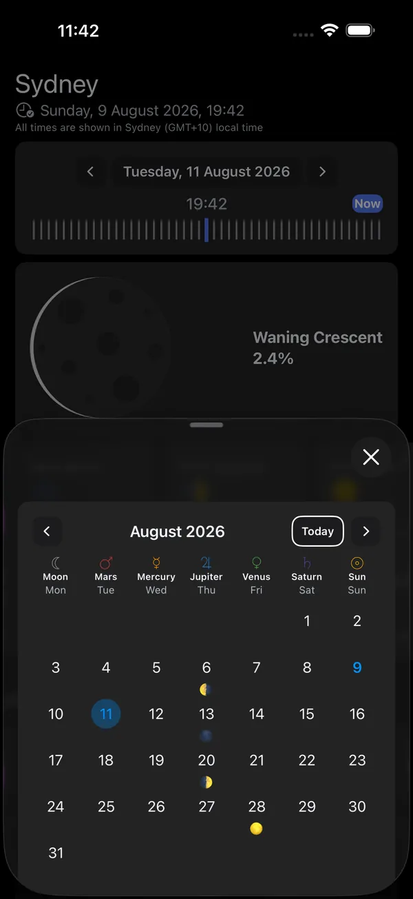 Moon screen for Sydney with day navigation arrows around Tuesday 11 August and the calendar sheet open for picking another date