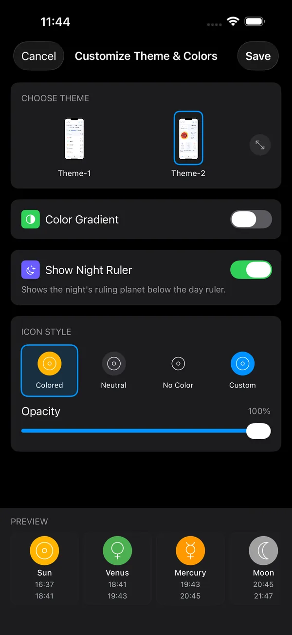Customize Theme and Colors screen with the Show Night Ruler toggle turned on, above the icon style and opacity controls