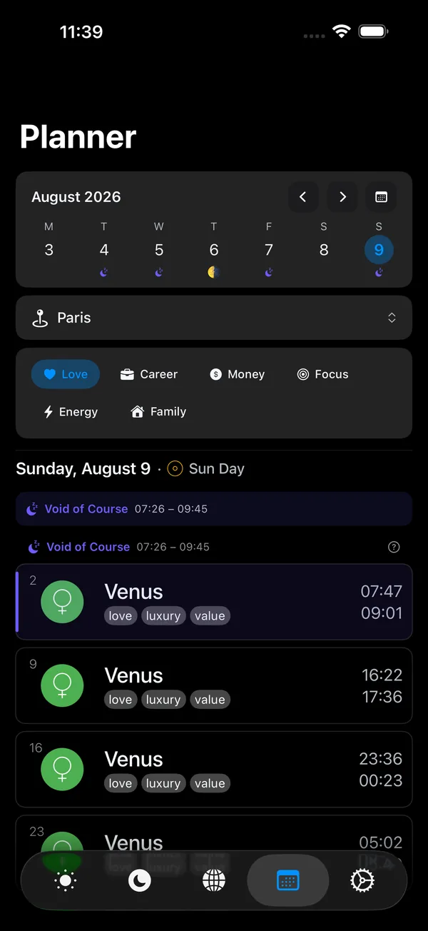 Planner showing a Void of Course card for 07:26 to 09:45 above the hours list, with the void Venus hour shaded and marked by an indigo bar