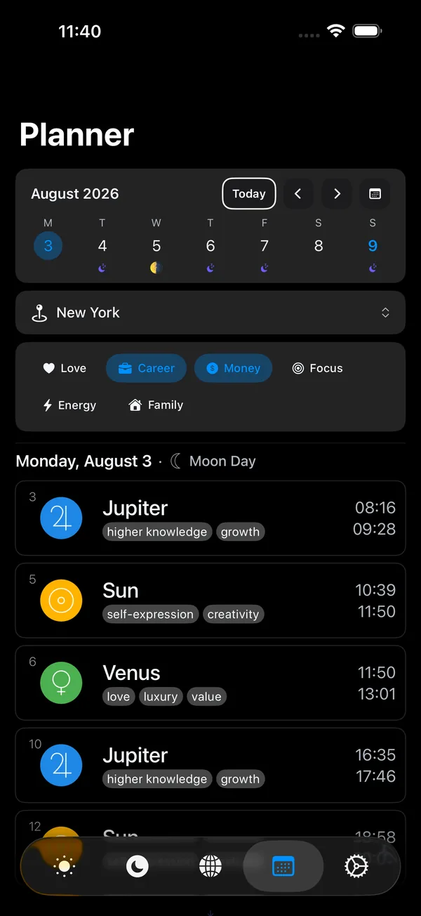 Planetaro Planner tab with the Career and Money activity chips selected, the August week strip, New York as the city, and Monday 3 August shown as Moon Day with its planetary hours