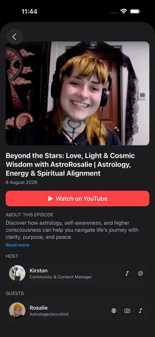 Planetaro Talk episode screen with the thumbnail, a Watch on YouTube button, the episode description, and the host and guest listed below