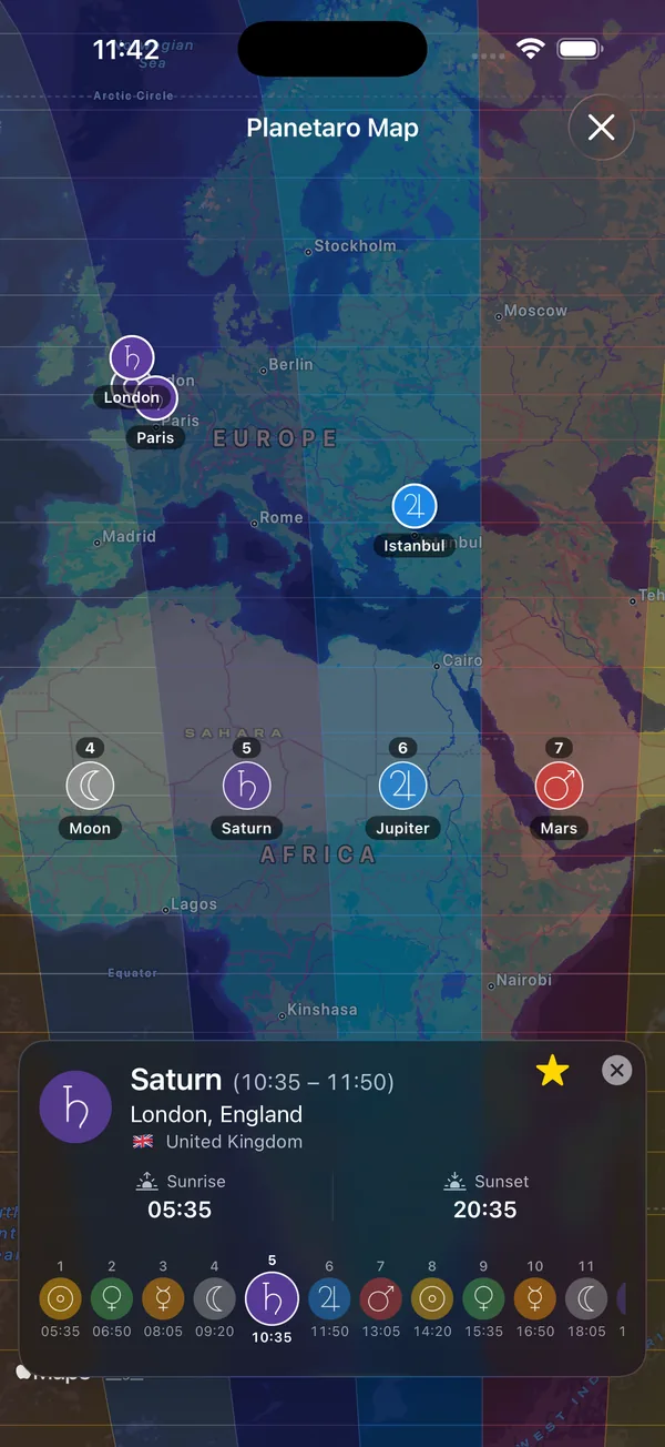 Planetaro World Hours map with planetary bands across Europe and Africa, favourite city pins for London, Paris and Istanbul, and an inspect card showing Saturn's hour in London