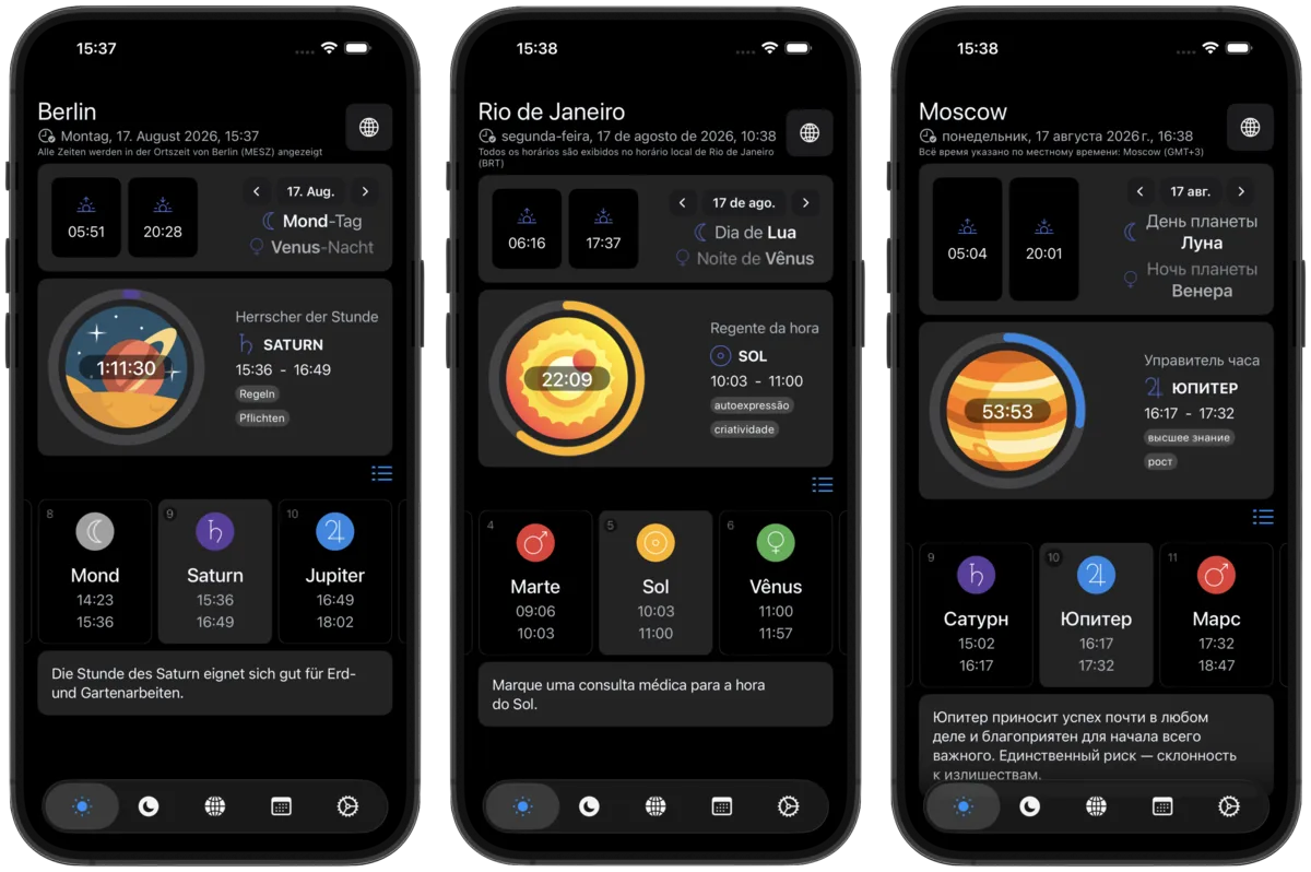 The Planetaro main screen in the three new languages, side by side: Berlin in German with Saturn as ruler of the hour, Rio de Janeiro in Portuguese with the Sun, and Moscow in Russian with Jupiter. Each screen shows the localised date, the sunrise and sunset times, the ruling planet with its keywords, and the hours list