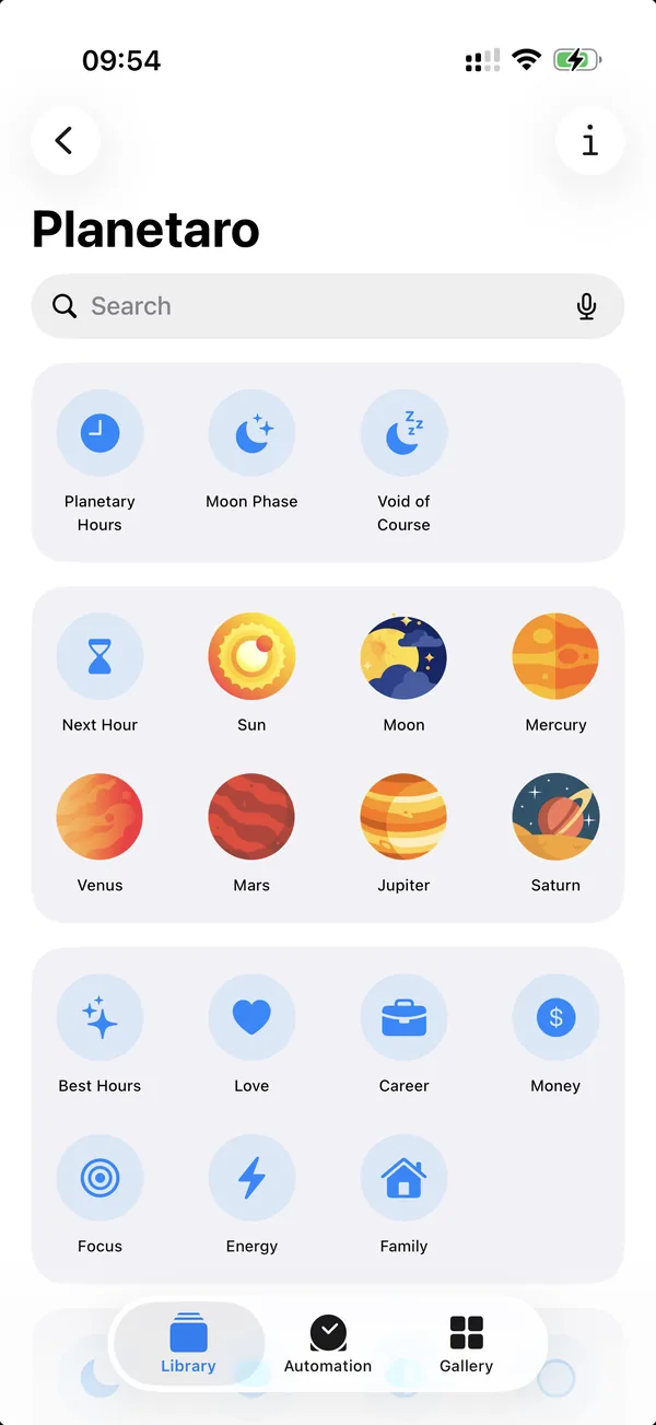 The Planetaro section of the Shortcuts app on iPhone, with actions in groups: Planetary Hours, Moon Phase and Void of Course; Next Hour followed by a coloured icon for each of the seven planets, Sun to Saturn; and Best Hours followed by Love, Career, Money, Focus, Energy and Family
