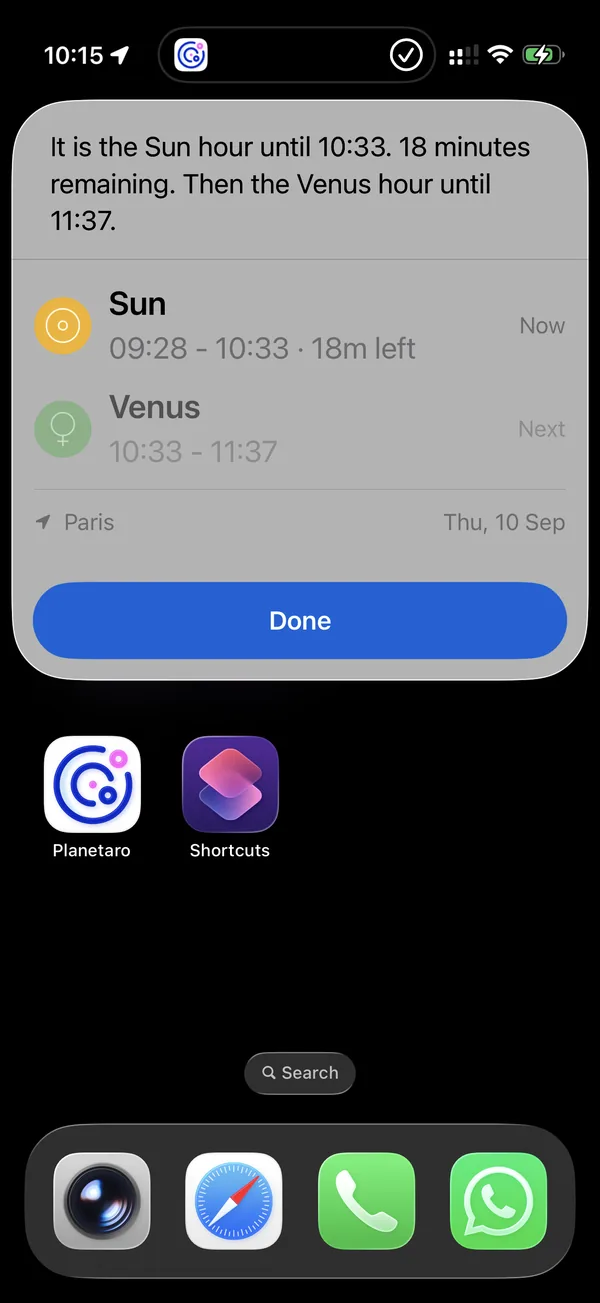 Siri answering the current planetary hour question: it says it is the Sun hour until 10:33 with 18 minutes remaining, then the Venus hour, and shows a Planetaro card with the Sun marked Now, Venus marked Next, and Paris in the footer