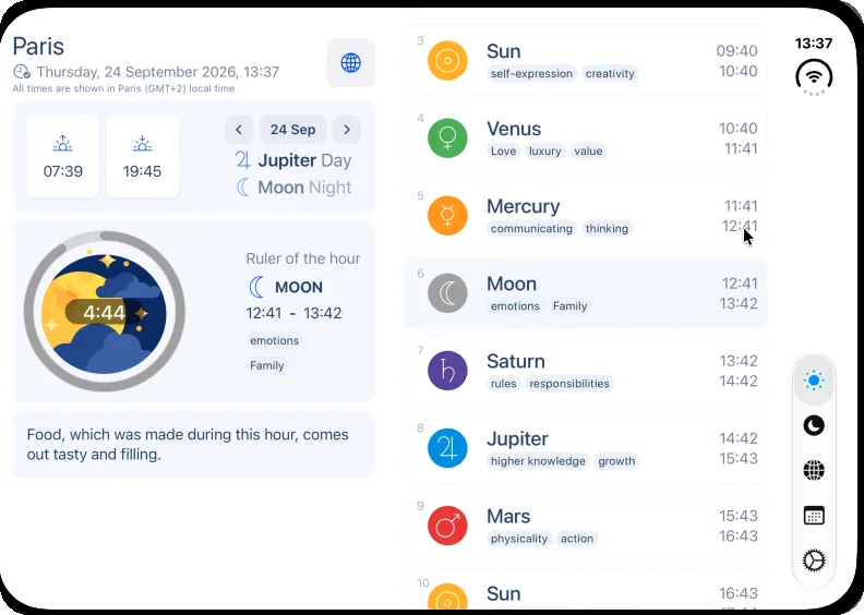 Planetaro main screen on the iPhone Duo inner display in landscape, in the Xcode simulator: the left pane has Paris, Thursday 24 September 2026, sunrise 07:39 and sunset 19:45, Jupiter Day and Moon Night, and the Moon hour 12:41 to 13:42 with emotions and Family; the right pane lists the planetary hours from Sun at 09:40 through Mars at 15:43 with their keywords; the tab bar runs vertically on the right edge