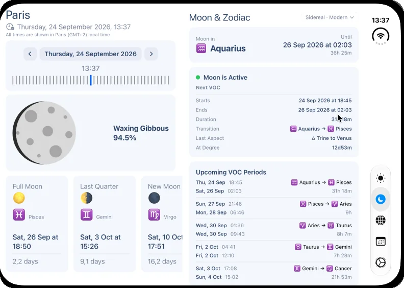 Planetaro Moon screen on the iPhone Duo inner display in landscape: the left pane has the date scrubber and a Waxing Gibbous Moon at 94.5% with the Full Moon, Last Quarter and New Moon cards; the right pane has Moon & Zodiac with the Moon in Aquarius until 26 Sep 02:03, the Moon is Active card with the next void of course, and the Upcoming VOC Periods table