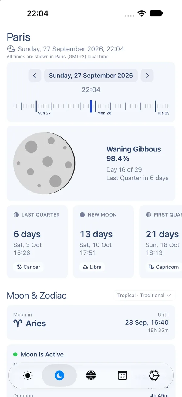 The Planetaro Moon screen for Paris on 27 September 2026: the time scrubber with day labels, a Waning Gibbous Moon at 98.4% with "Day 16 of 29" and "Last Quarter in 6 days", then three phase cards: Last Quarter in 6 days on Sat 3 Oct 15:26 in Cancer, New Moon in 13 days on Sat 10 Oct 17:51 in Libra, First Quarter in 21 days on Sun 18 Oct 18:13 in Capricorn