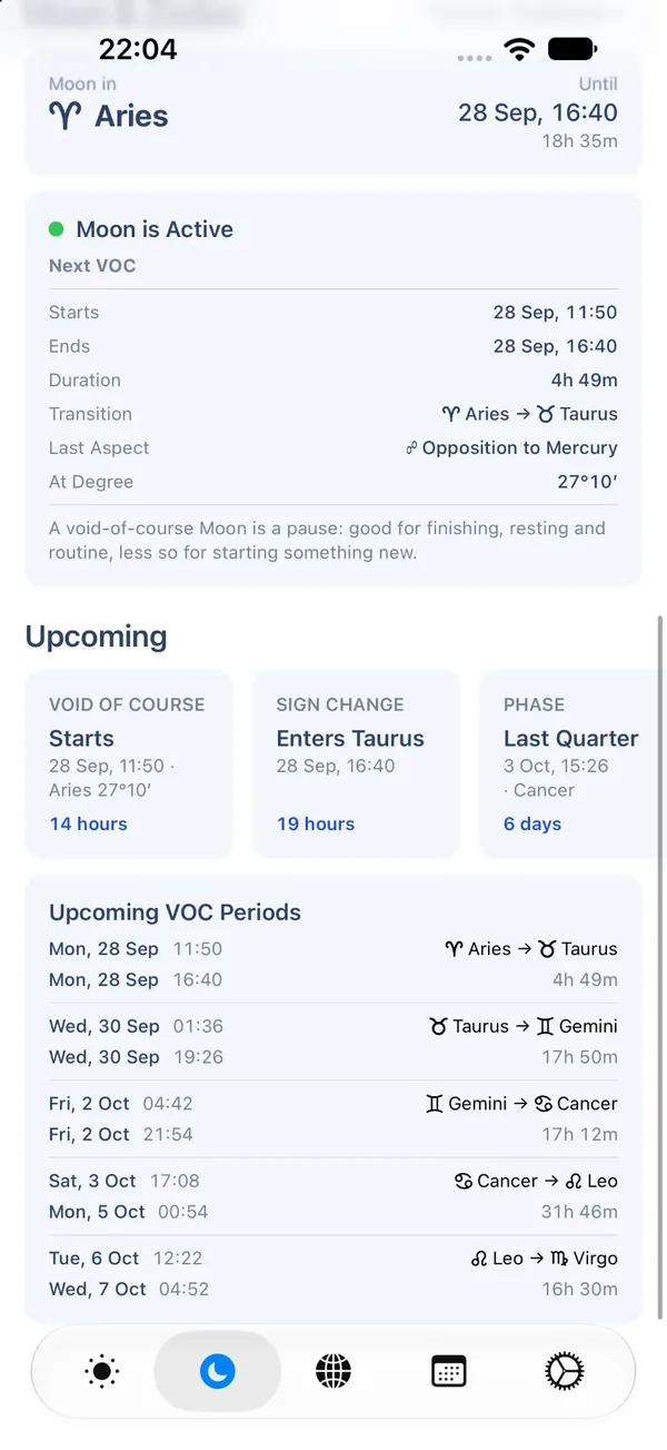 Lower half of the Moon screen: the Moon in Aries until 28 Sep 16:40, a Moon is Active card with the next void of course starting 28 Sep 11:50 and ending 16:40, lasting 4h 49m, Aries to Taurus, last aspect an opposition to Mercury at 27°10′, then the Upcoming row with three cards: Void of Course starts in 14 hours, Enters Taurus in 19 hours, Last Quarter in 6 days, and the Upcoming VOC Periods table below