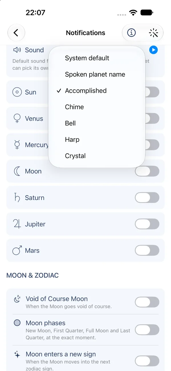 The Notifications settings screen with the Sound menu open: System default, Spoken planet name, Accomplished (selected), Chime, Bell, Harp and Crystal; below it toggles for Sun, Venus, Mercury, Moon, Saturn, Jupiter and Mars, then a Moon & Zodiac section with Void of Course Moon, Moon phases and Moon enters a new sign
