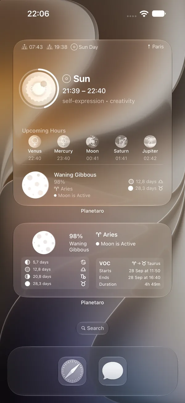 Two Planetaro widgets on a tinted iOS Home Screen: a large widget with sunrise 07:43, sunset 19:38, Sun Day, the Sun hour 21:39 to 22:40 with self-expression and creativity, five upcoming hours from Venus to Jupiter, and a Waning Gibbous Moon 98% in Aries marked Moon is Active; below it a medium Moon widget with the four phases as countdowns in days with their zodiac icons and a VOC box for 28 Sep 11:50 to 16:40, Aries to Taurus