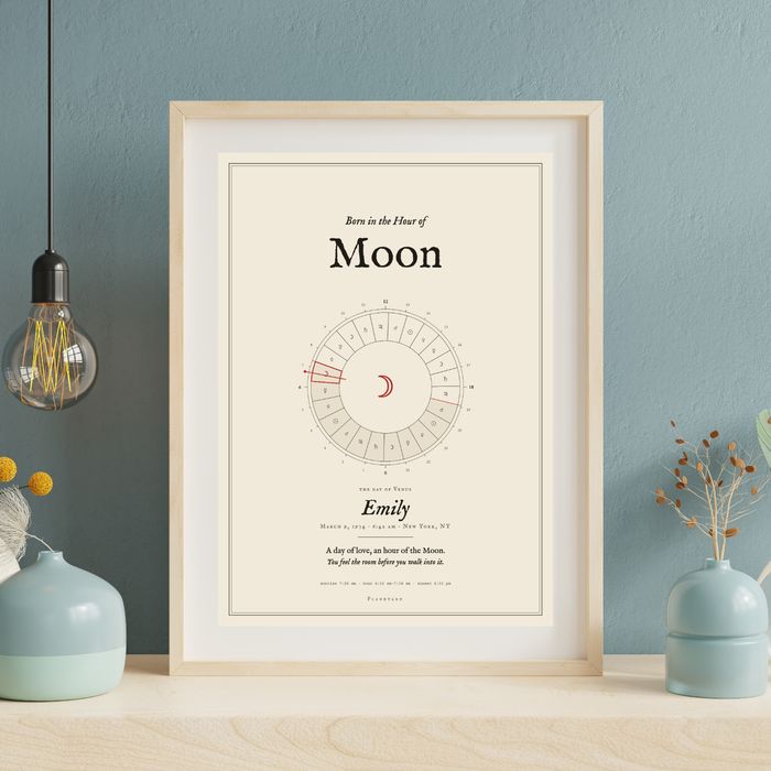 The Almanac-style poster on a light background, in a light wood frame on a shelf